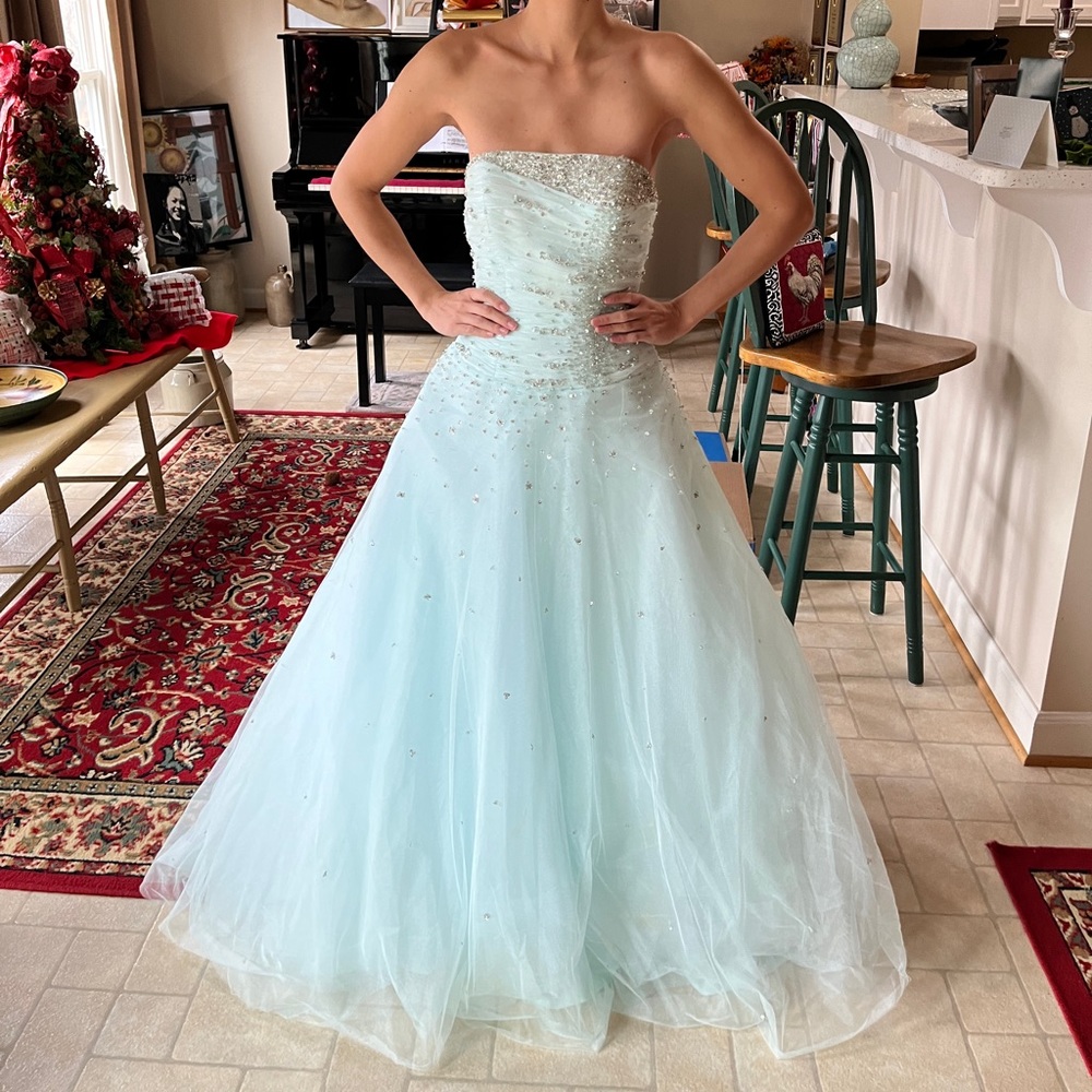 Light blue strapless corset back ball gown
